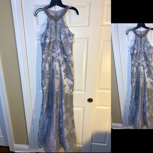 Lilac-gray prom dress covered in lace